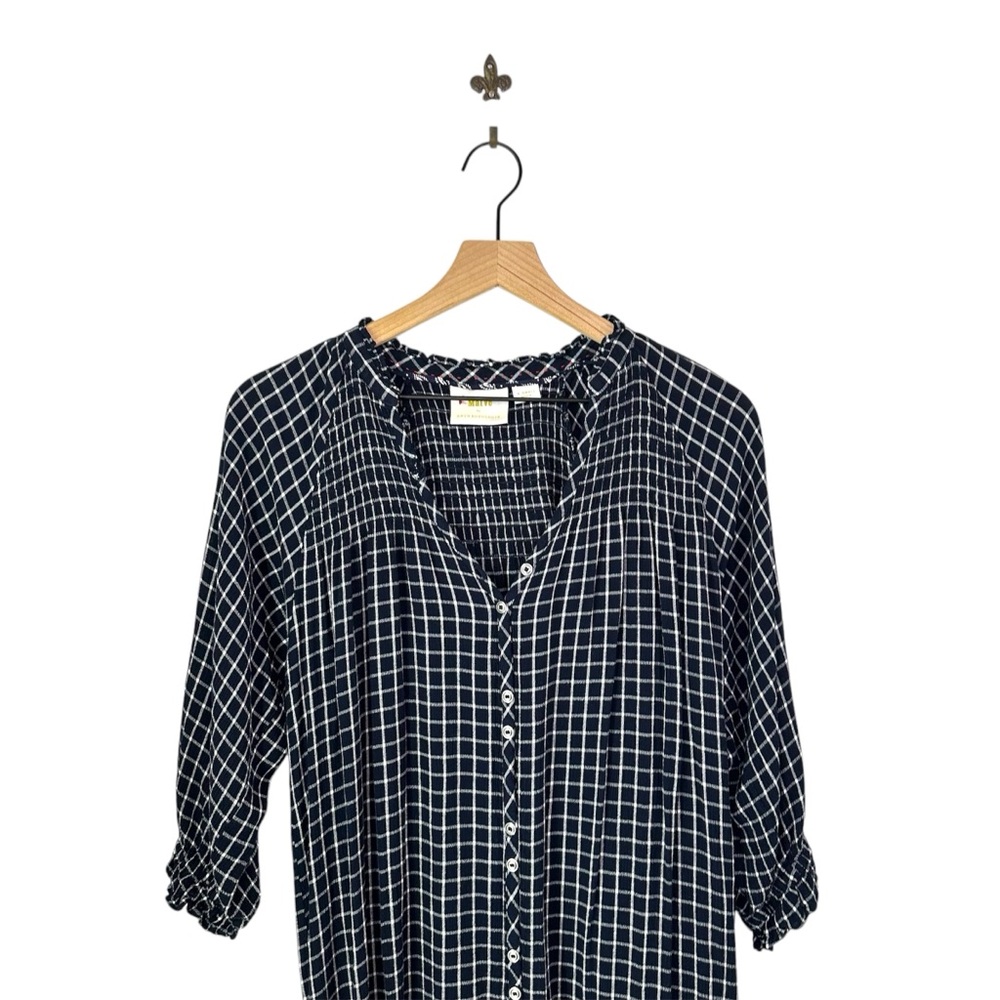Anthropologie Maeve Sara‎ Smocked Shirt Dress Navy Blue Plaid Button Down XS - Picture 4 of 13